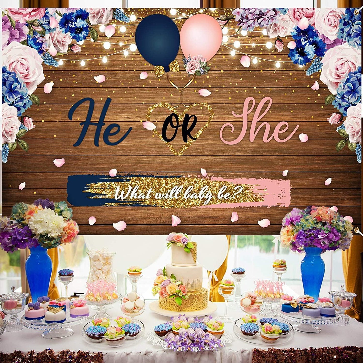 Gender Reveal Decorations Backdrop Banner He or She What Will Baby be Wooden Baby Gender Photography Background - Hibrides