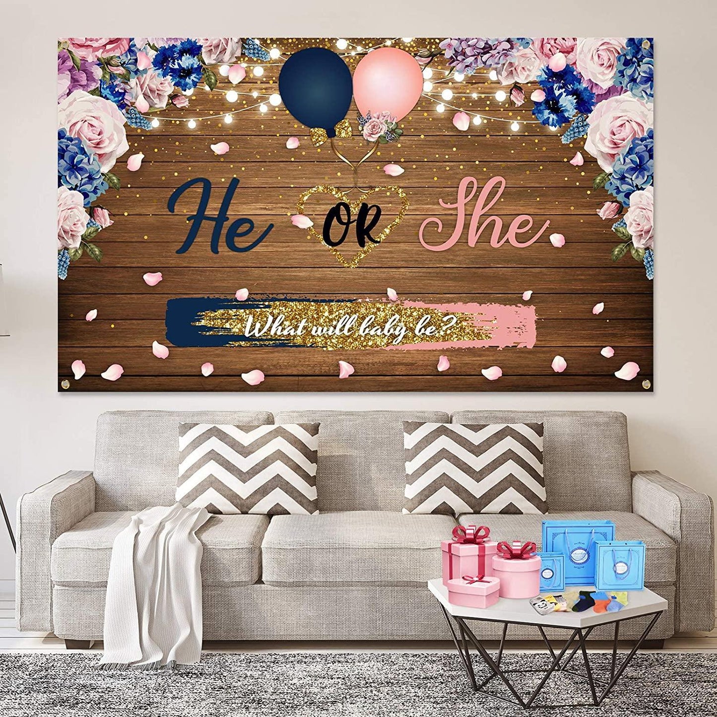 Gender Reveal Decorations Backdrop Banner He or She What Will Baby be Wooden Baby Gender Photography Background - Hibrides