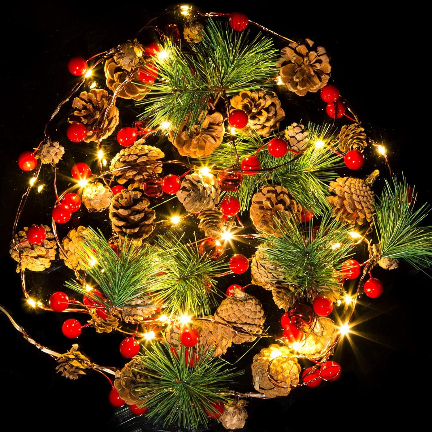 10ft 35 LED Christmas Garland with Lights, Christmas Pinecone Lights Red Berry Pine Needles Bell Battery Operated Xmas Lights - Hibrides