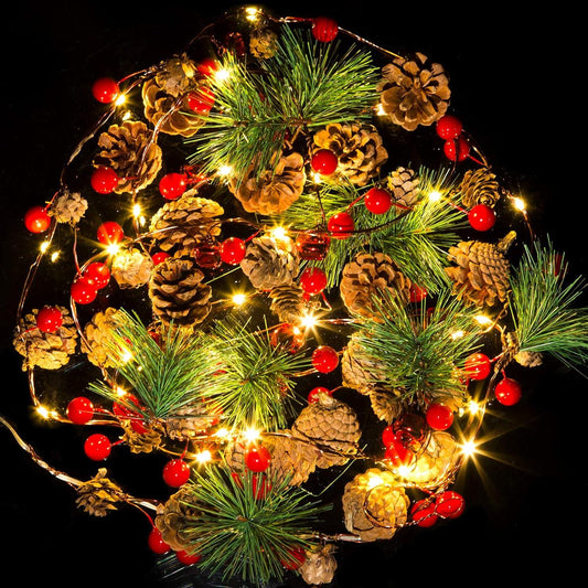 10ft 35 LED Christmas Garland with Lights, Christmas Pinecone Lights Red Berry Pine Needles Bell Battery Operated Xmas Lights - Hibrides