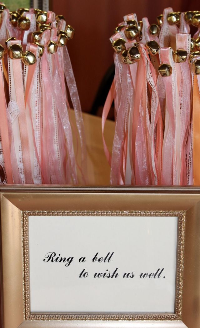 Handmade Romantic Blush Pink Lace Wedding Ribbon Wands with Gold Bells