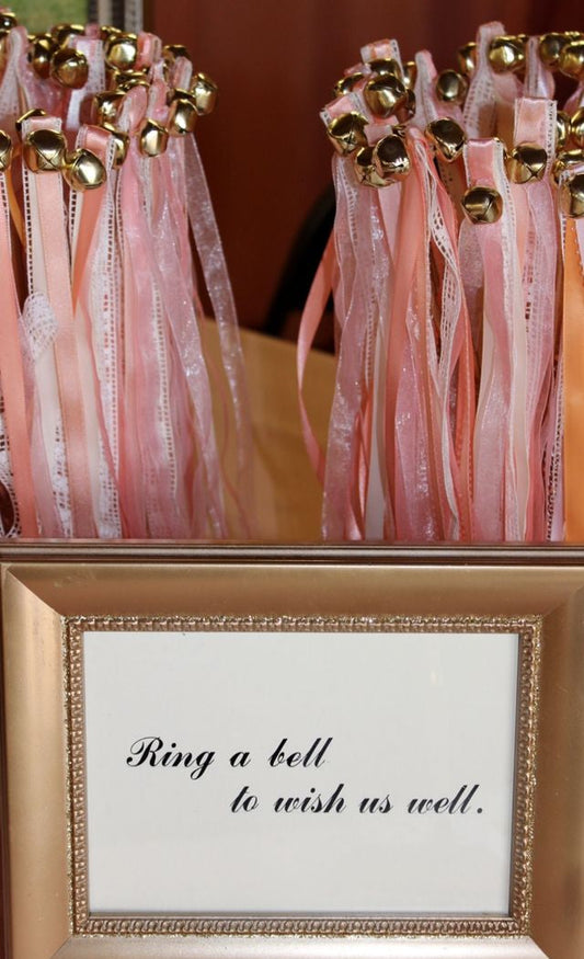 Handmade Romantic Blush Pink Lace Wedding Ribbon Wands with Gold Bells