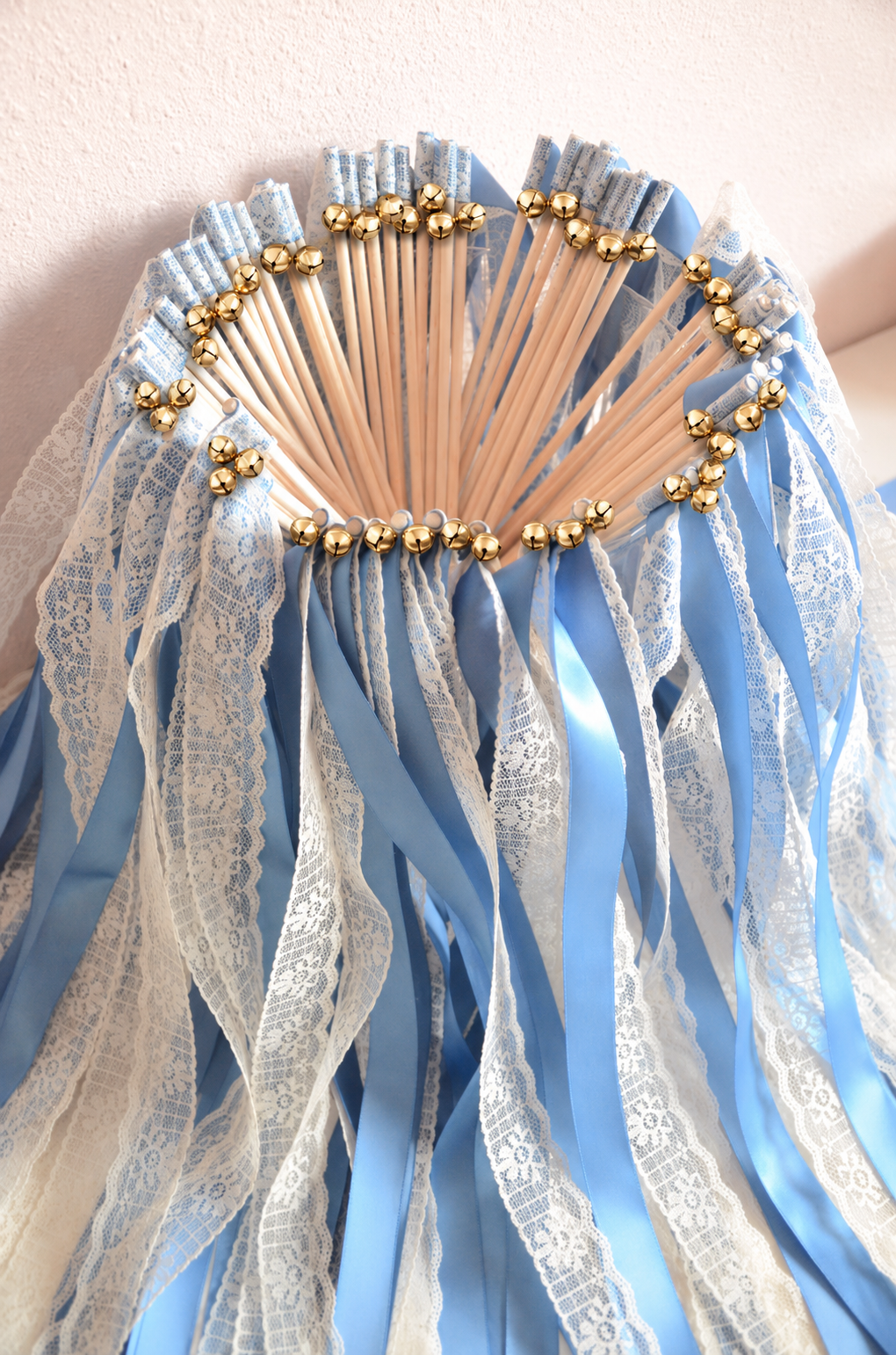 Handmade Blue and White Lace Wedding Ribbon Wands with Gold Bells