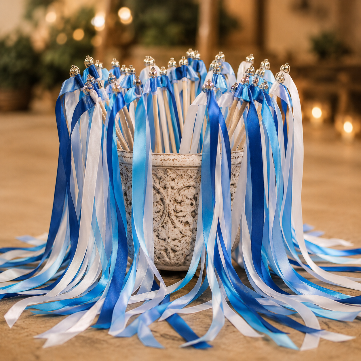 Handmade Royal Blue Aqua Ribbon Wands with Gold Bells for Beach Wedding Send-Off