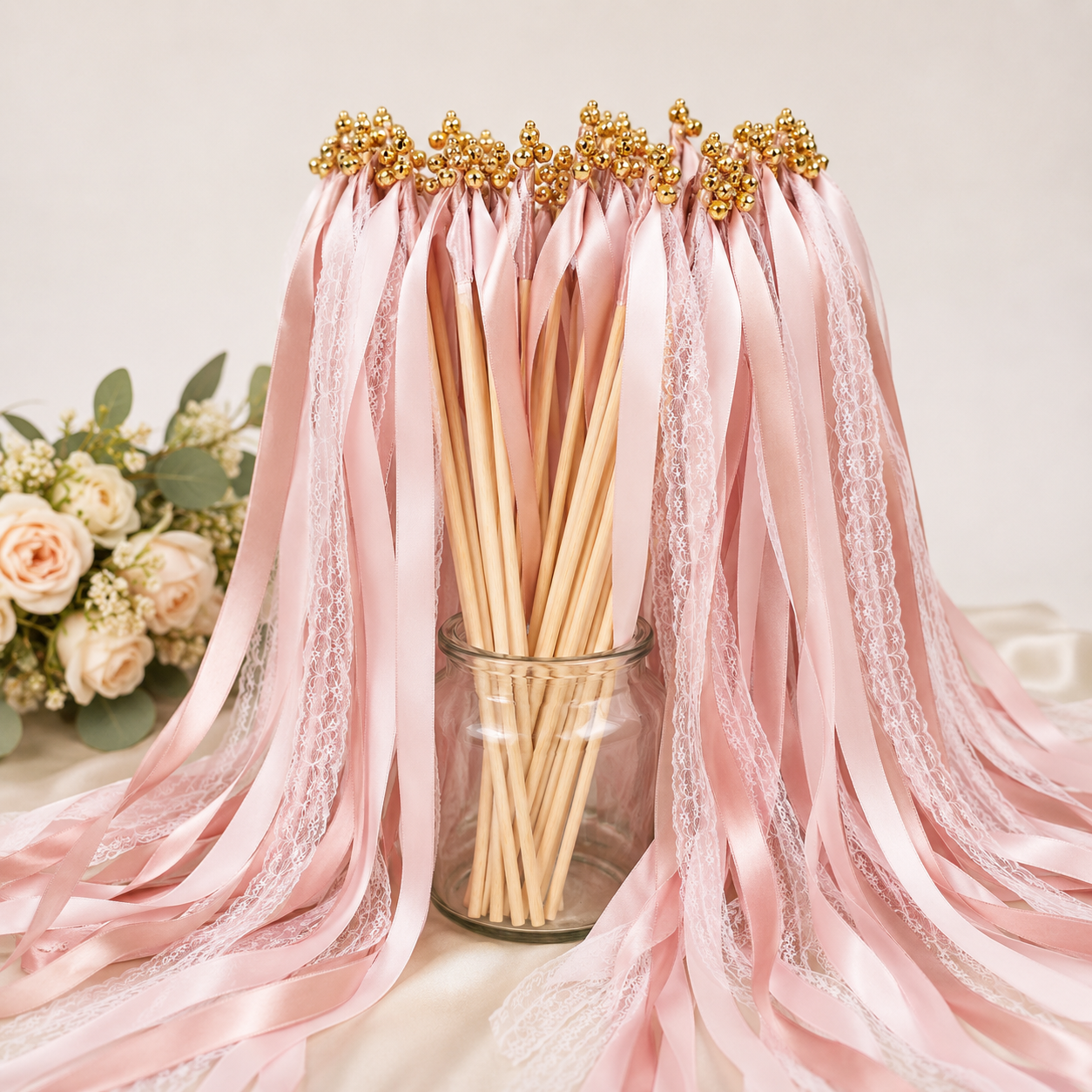 Handmade Romantic Blush Lace Ribbon Wands with Gold Bells for Wedding Send-Off