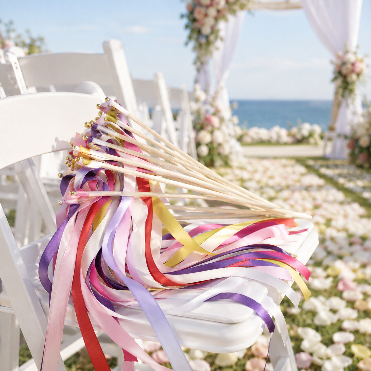 Handmade Bright Multicolor Ribbon Wands with Gold Bells for Wedding & Party Send-Off