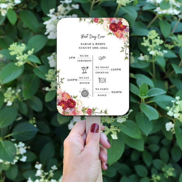 Burgundy and Pink Floral Wedding Program Fans with Timeline - Hibrides