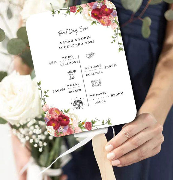 Burgundy and Pink Floral Wedding Program Fans with Timeline - Hibrides