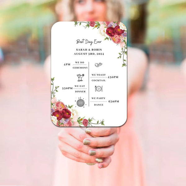 Burgundy and Pink Floral Wedding Program Fans with Timeline - Hibrides