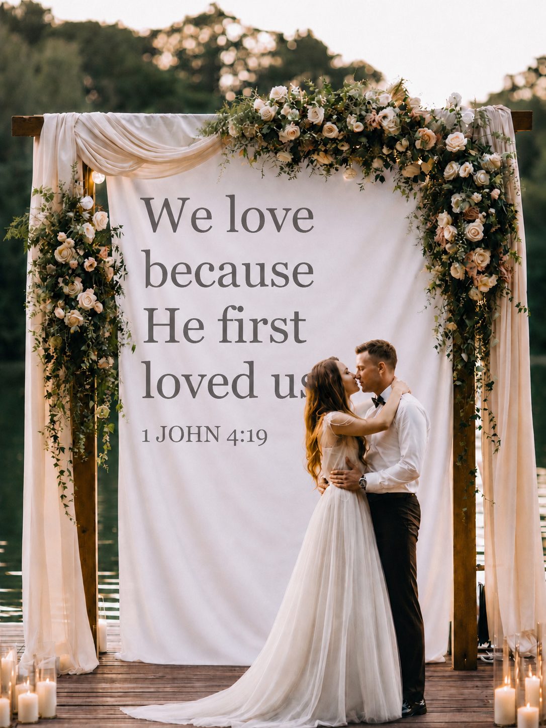 Personalized Wedding Backdrop for Wedding Photography, We Love Because He First Loved Us Photo Backdrop
