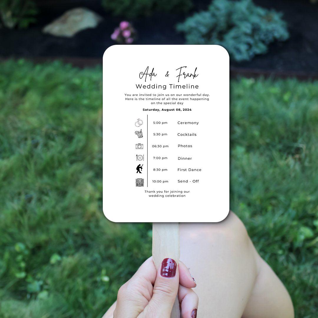 Classic Black and White Wedding Program Fans with Detailed Timeline - Hibrides