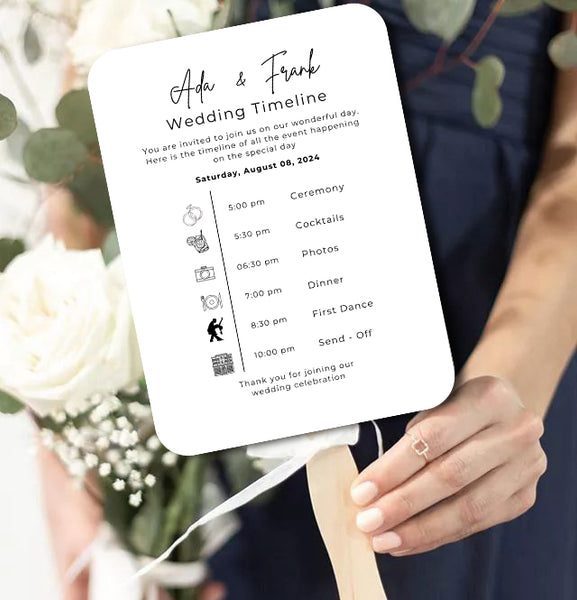 Classic Black and White Wedding Program Fans with Detailed Timeline - Hibrides