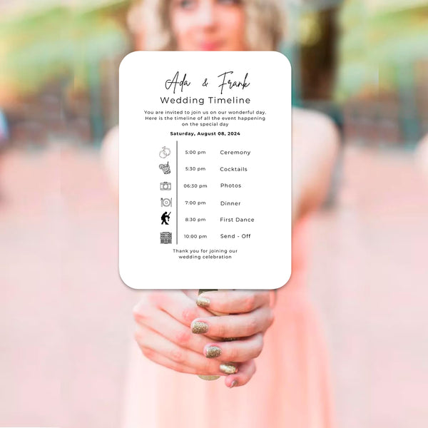 Classic Black and White Wedding Program Fans with Detailed Timeline - Hibrides