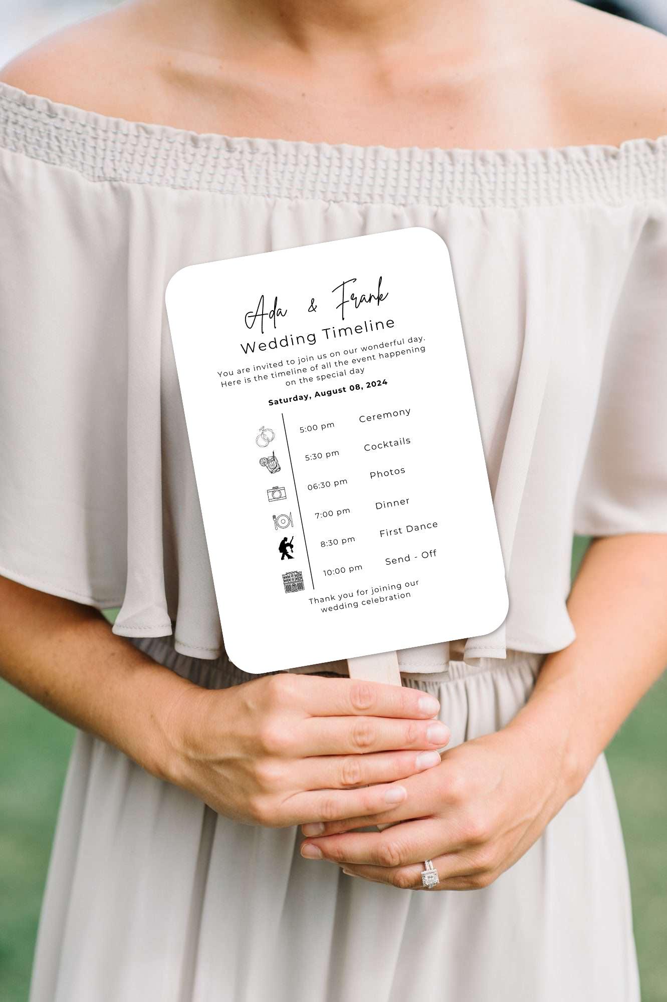 Classic Black and White Wedding Program Fans with Detailed Timeline - Hibrides