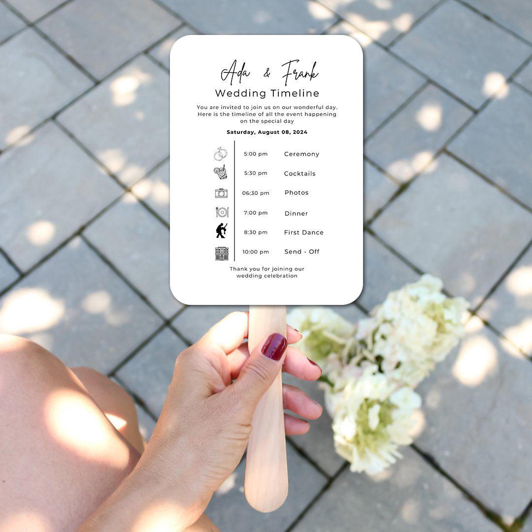 Classic Black and White Wedding Program Fans with Detailed Timeline - Hibrides