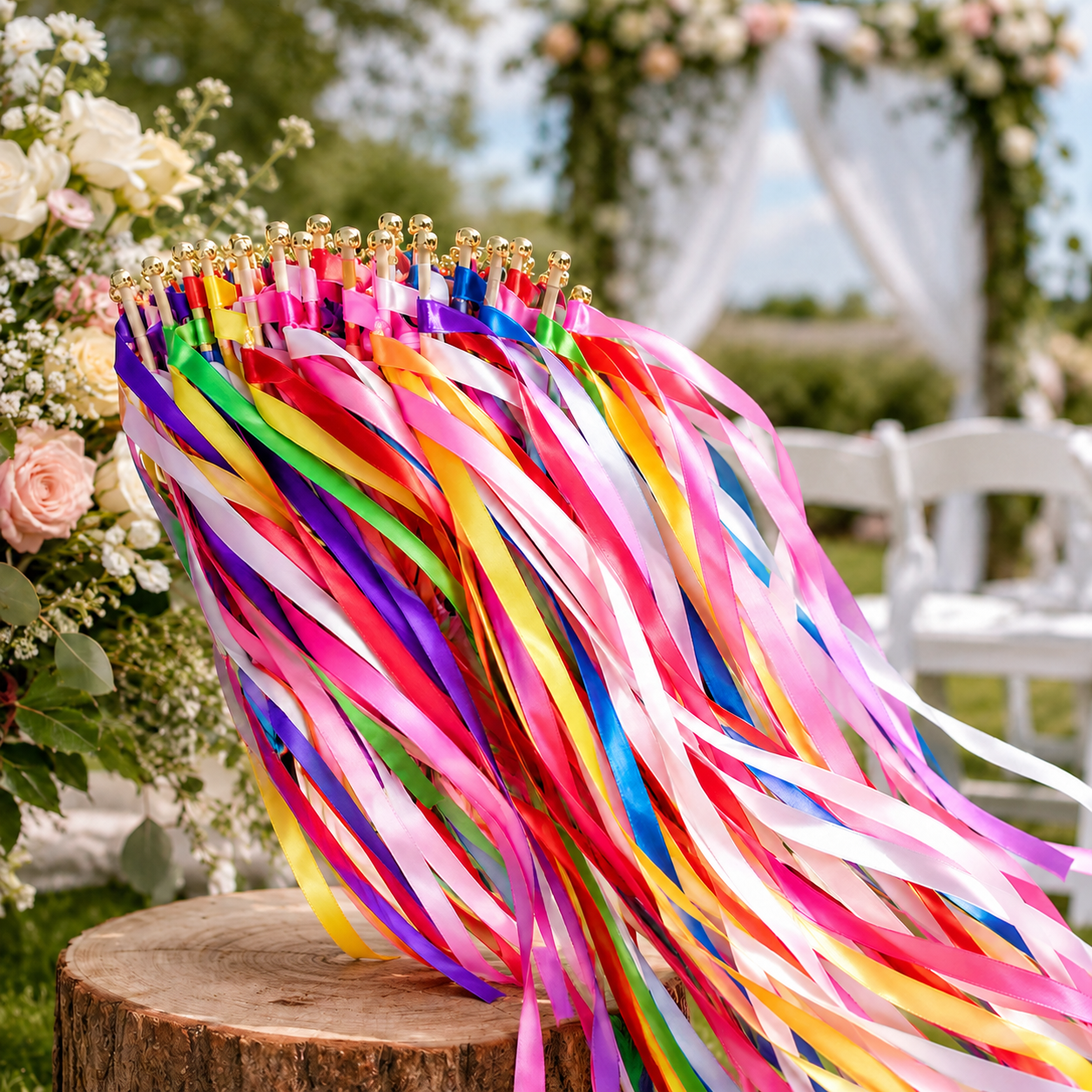 Handmade Colorful Rainbow Wedding Ribbon Wands with Gold Bells
