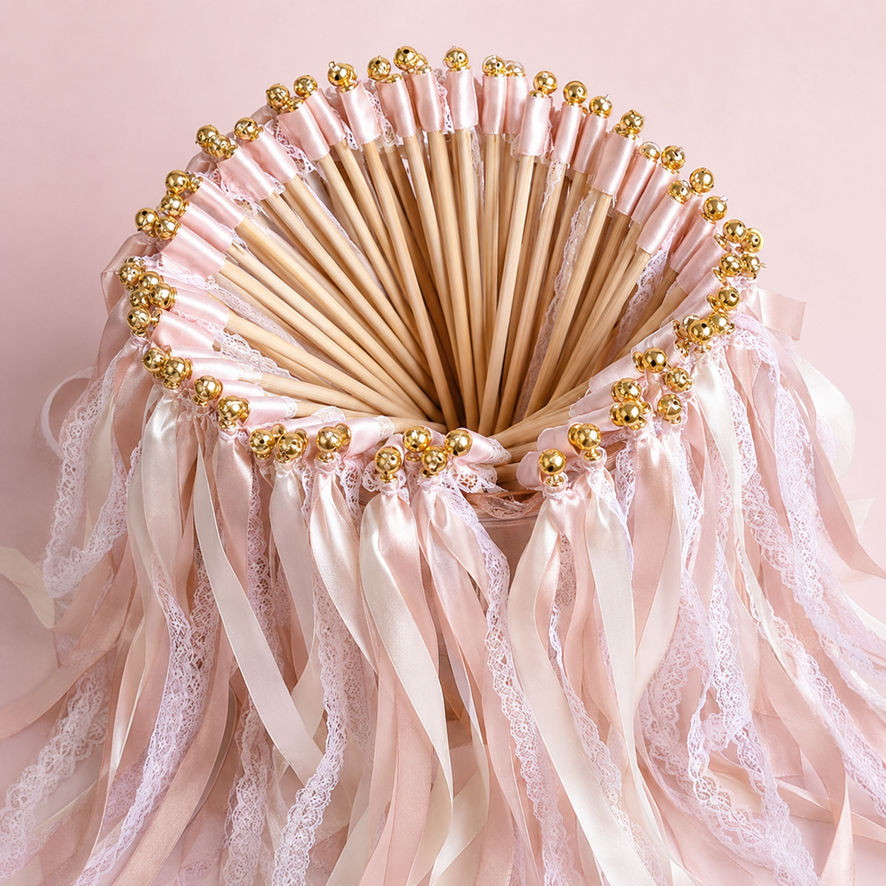 Handmade Blush Ivory Lace Ribbon Wands with Gold Bells for Romantic Wedding Send-Off