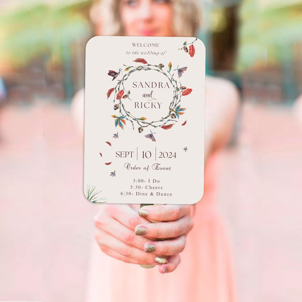 Elegant Boho Wedding Program Fans with Floral Wreath - Hibrides