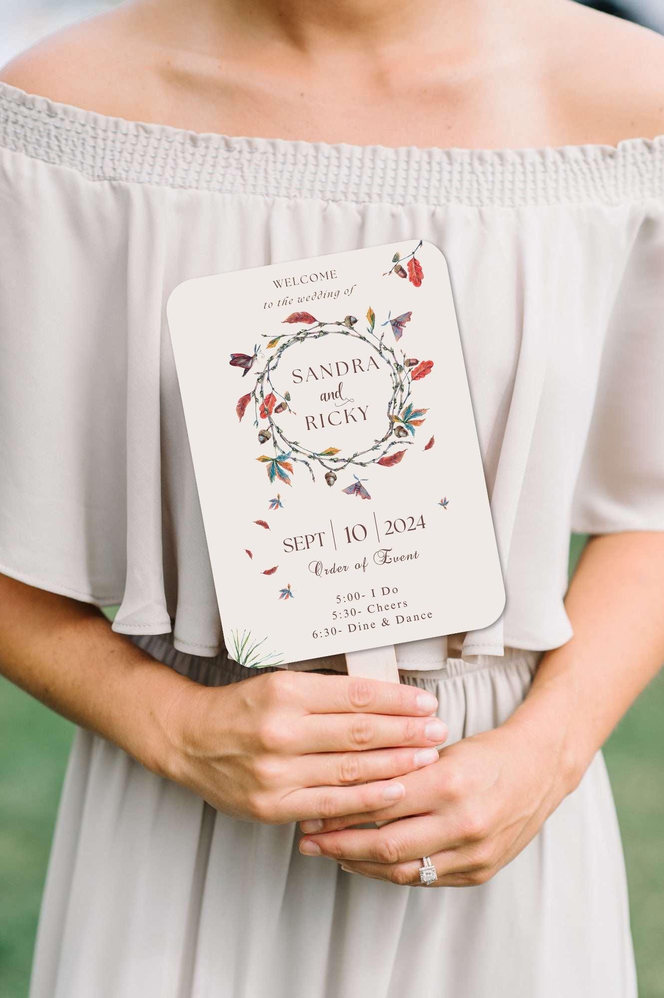 Elegant Boho Wedding Program Fans with Floral Wreath - Hibrides