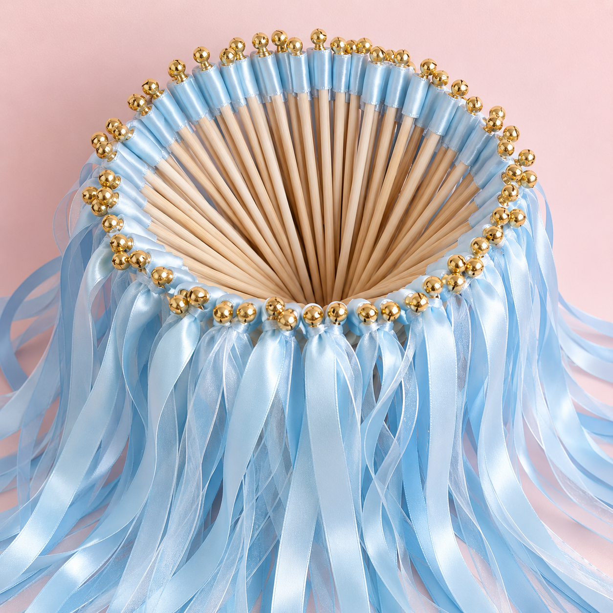 Handmade Elegant Light Blue Wedding Ribbon Wands with Gold Bells