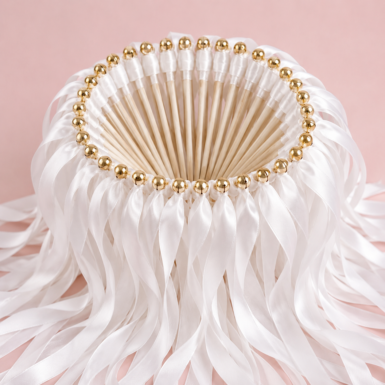 Handmade Elegant Pure White Wedding Ribbon Wands with Gold Bells