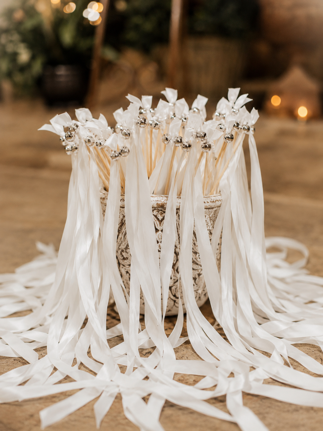 Handmade Elegant Pure White Wedding Ribbon Wands with Gold Bells