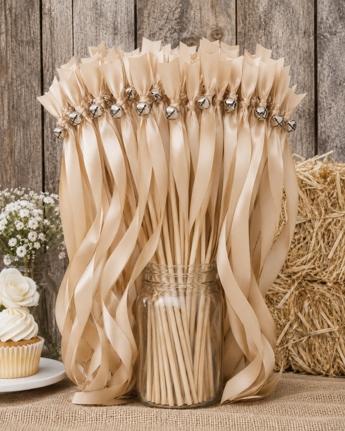 Handmade Elegant Nude Champagne Wedding Ribbon Wands with Silver Bells for Wedding Send-Off