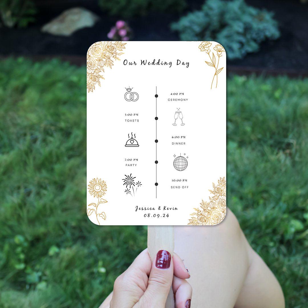 Exquisite White and Gold Wedding Program Fans with Flowers - Hibrides