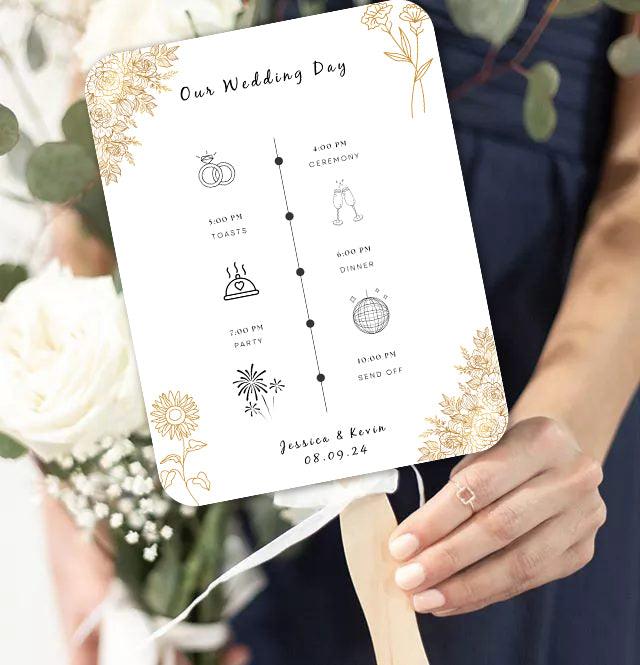 Exquisite White and Gold Wedding Program Fans with Flowers - Hibrides