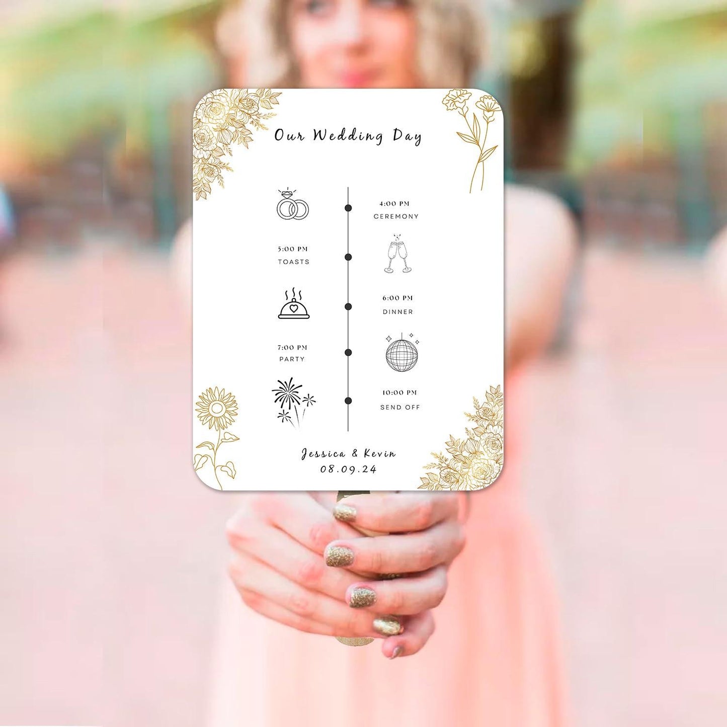 Exquisite White and Gold Wedding Program Fans with Flowers - Hibrides