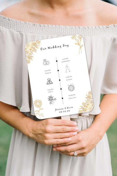 Exquisite White and Gold Wedding Program Fans with Flowers - Hibrides