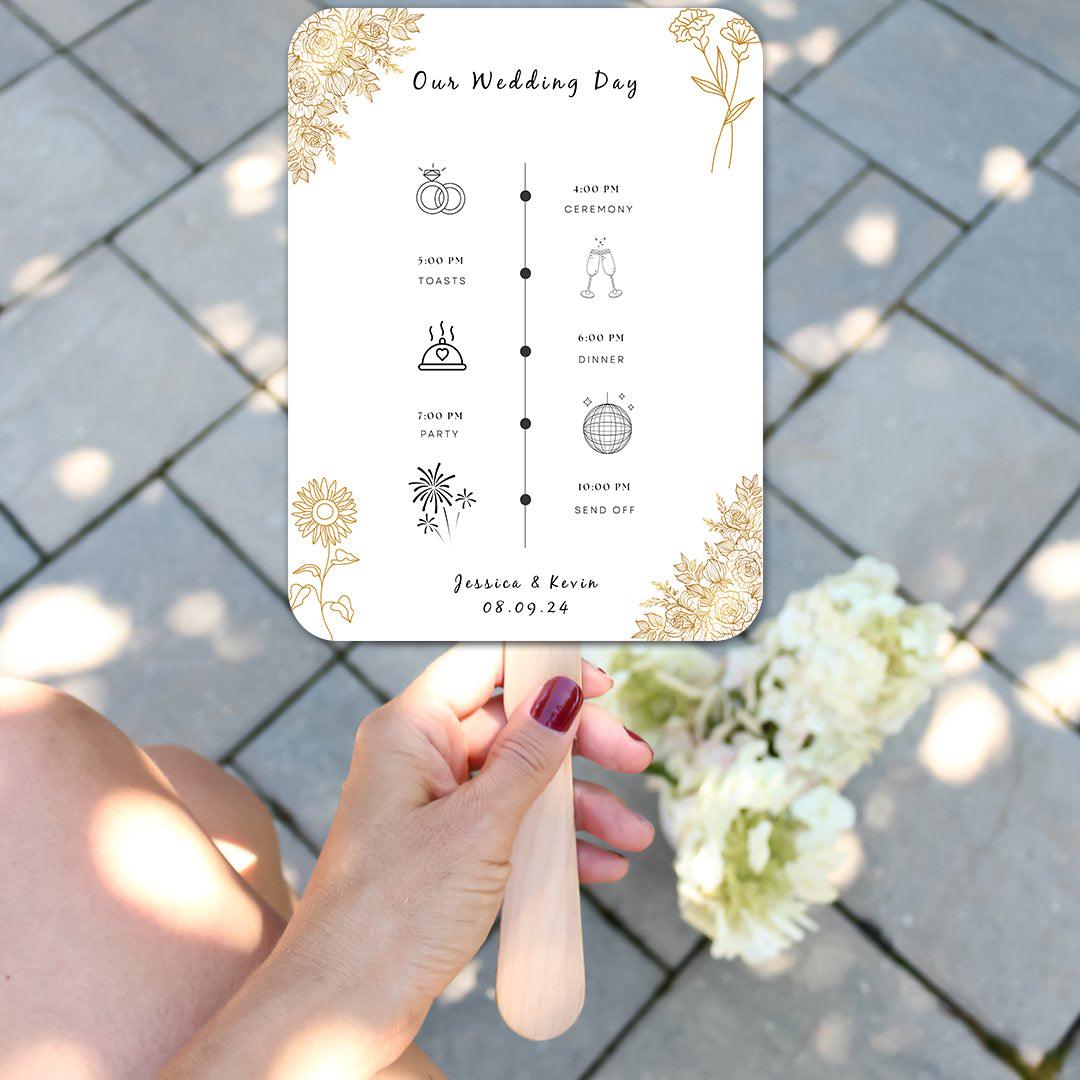 Exquisite White and Gold Wedding Program Fans with Flowers - Hibrides