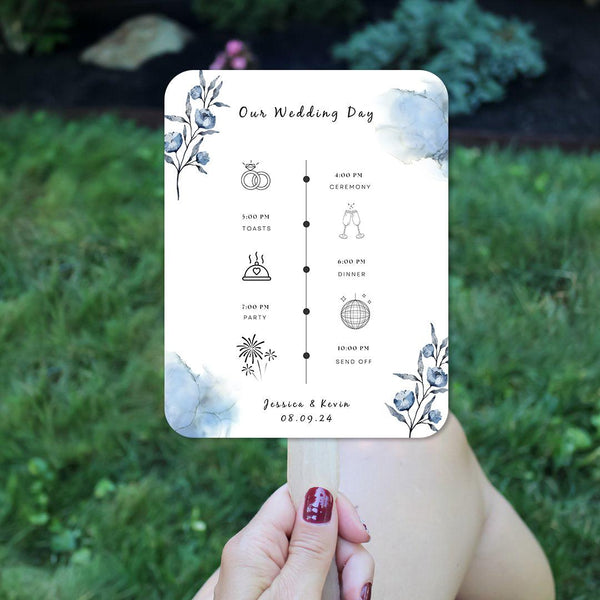 Fun Blue Wedding Program Fans with Timeline - Hibrides