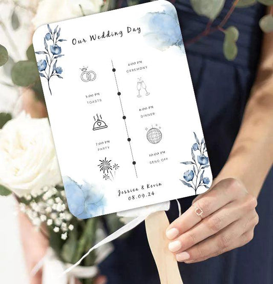 Fun Blue Wedding Program Fans with Timeline - Hibrides