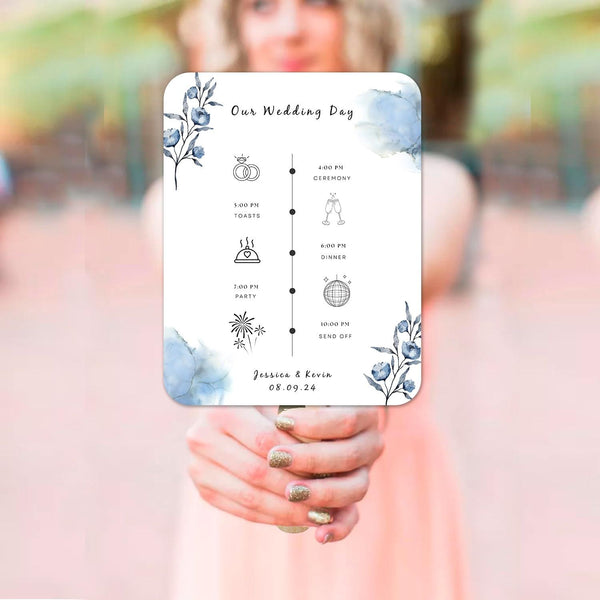 Fun Blue Wedding Program Fans with Timeline - Hibrides