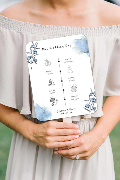 Fun Blue Wedding Program Fans with Timeline - Hibrides