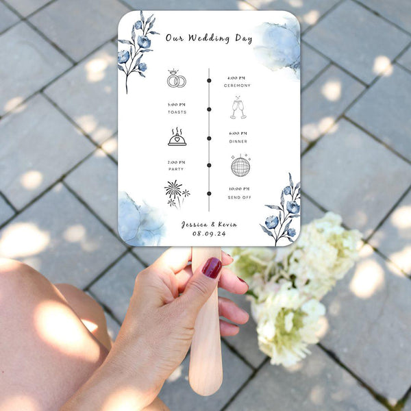 Fun Blue Wedding Program Fans with Timeline - Hibrides