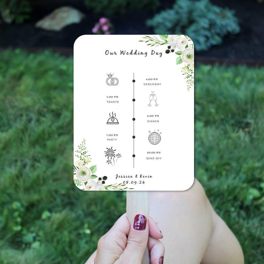 Green White Floral Wedding Program Fans for Summer Weddings - Hibrides