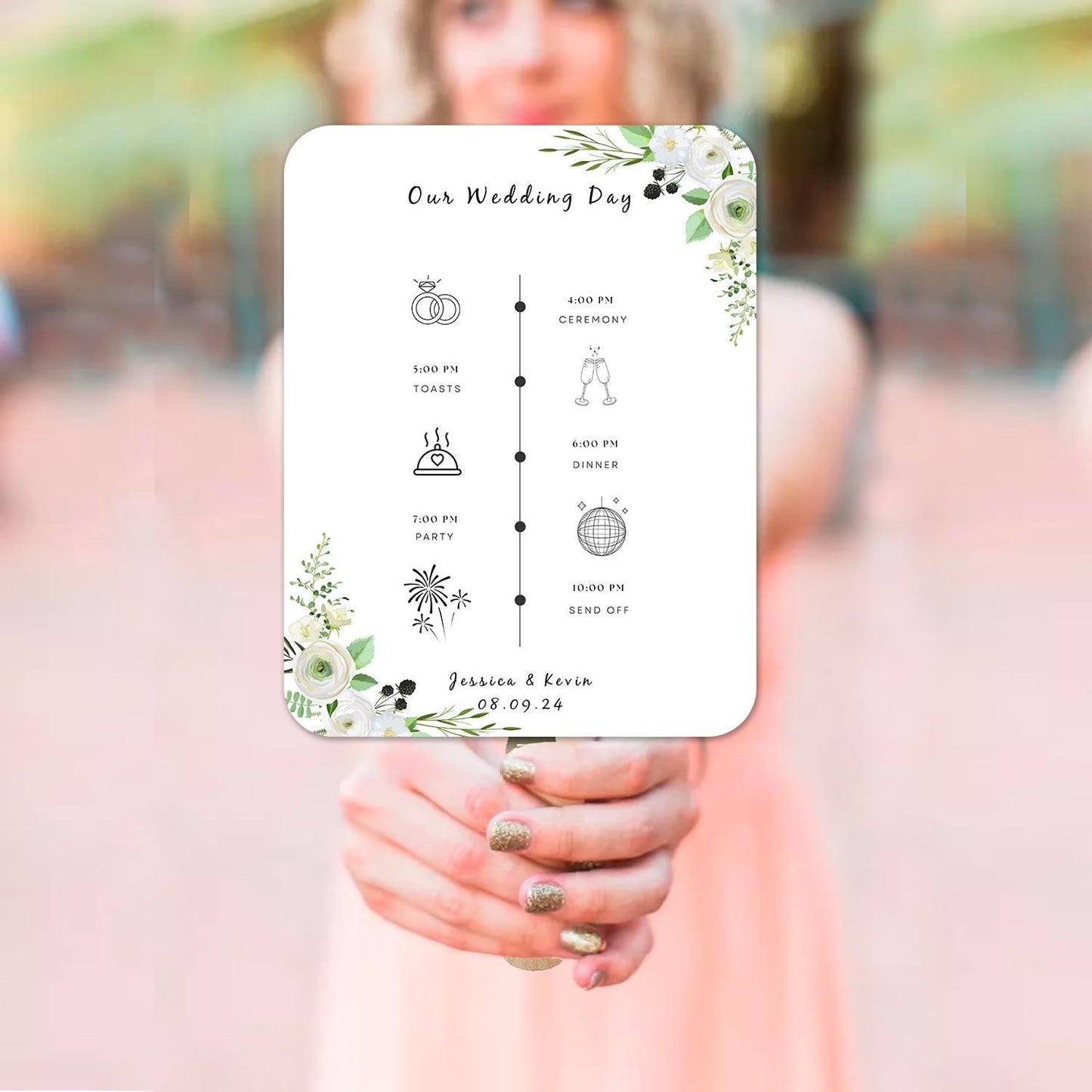 Green White Floral Wedding Program Fans for Summer Weddings - Hibrides