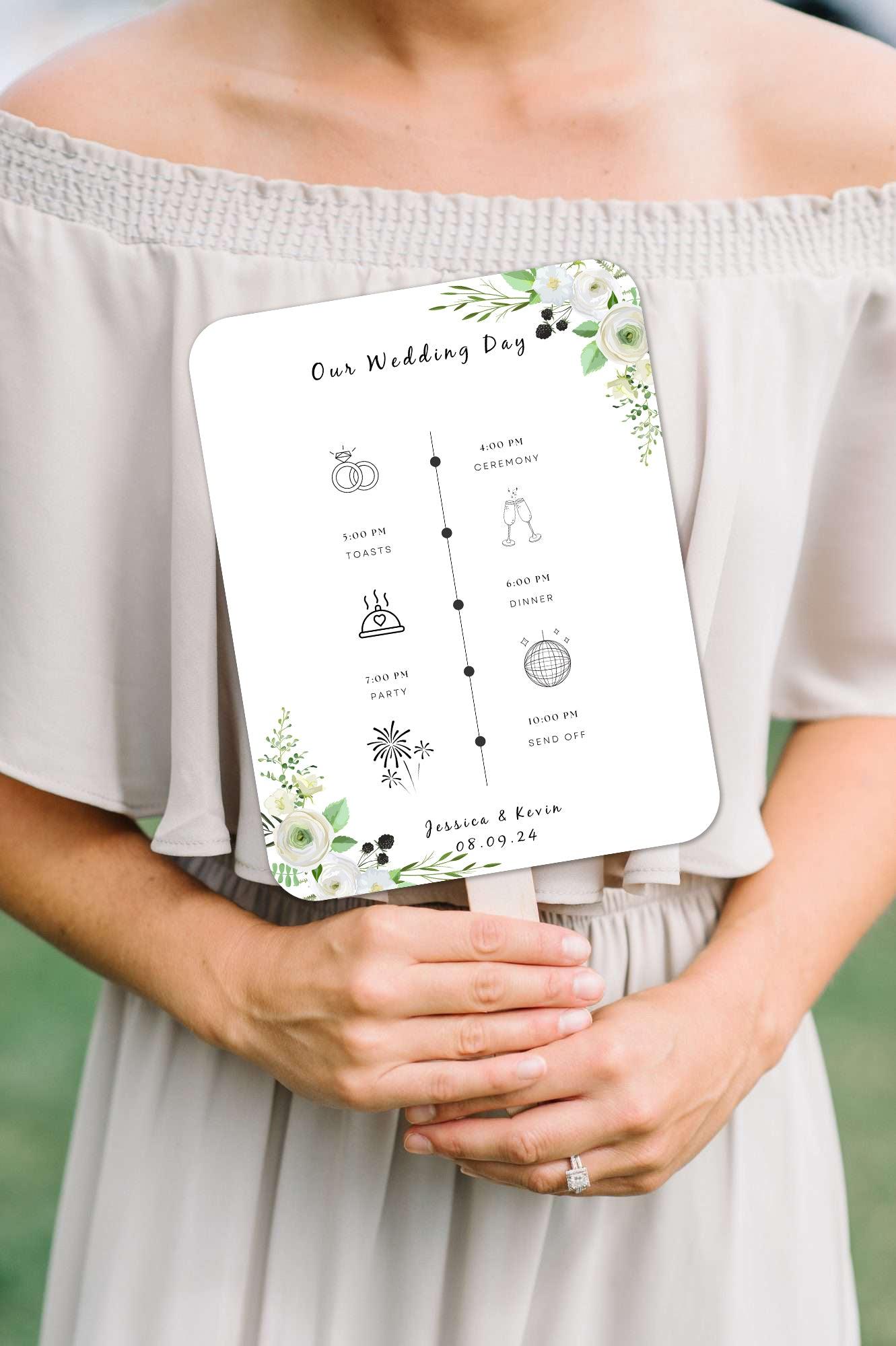 Green White Floral Wedding Program Fans for Summer Weddings - Hibrides
