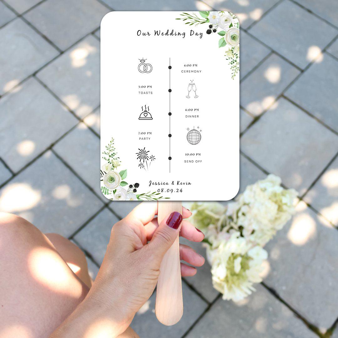 Green White Floral Wedding Program Fans for Summer Weddings - Hibrides
