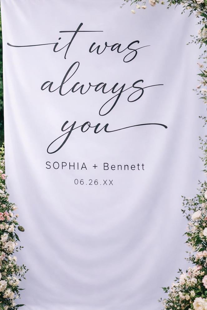 Decorative backdrop with floral arches and candles for a wedding ceremony.