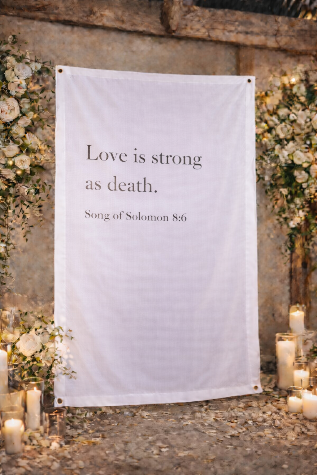 Personalized Wedding Backdrop for Wedding Photography, 'Love is strong as death.' Backdrop