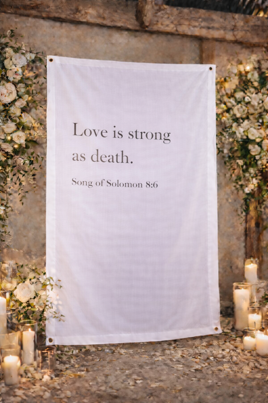 Personalized Wedding Backdrop for Wedding Photography, 'Love is strong as death.' Backdrop