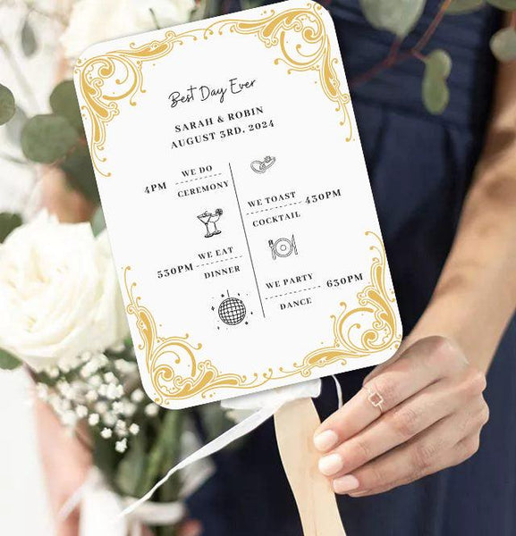 Luxury White Wedding Program Fans with Gold Patterns - Hibrides