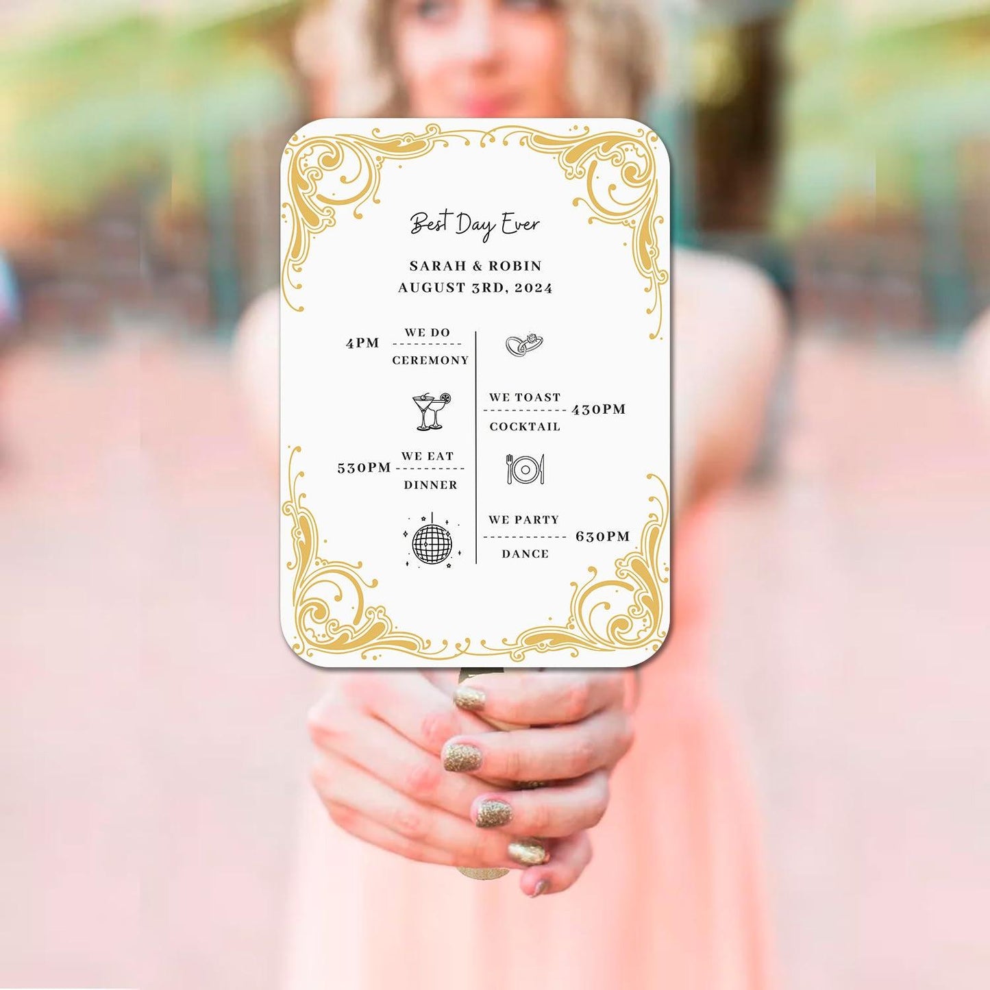 Luxury White Wedding Program Fans with Gold Patterns - Hibrides