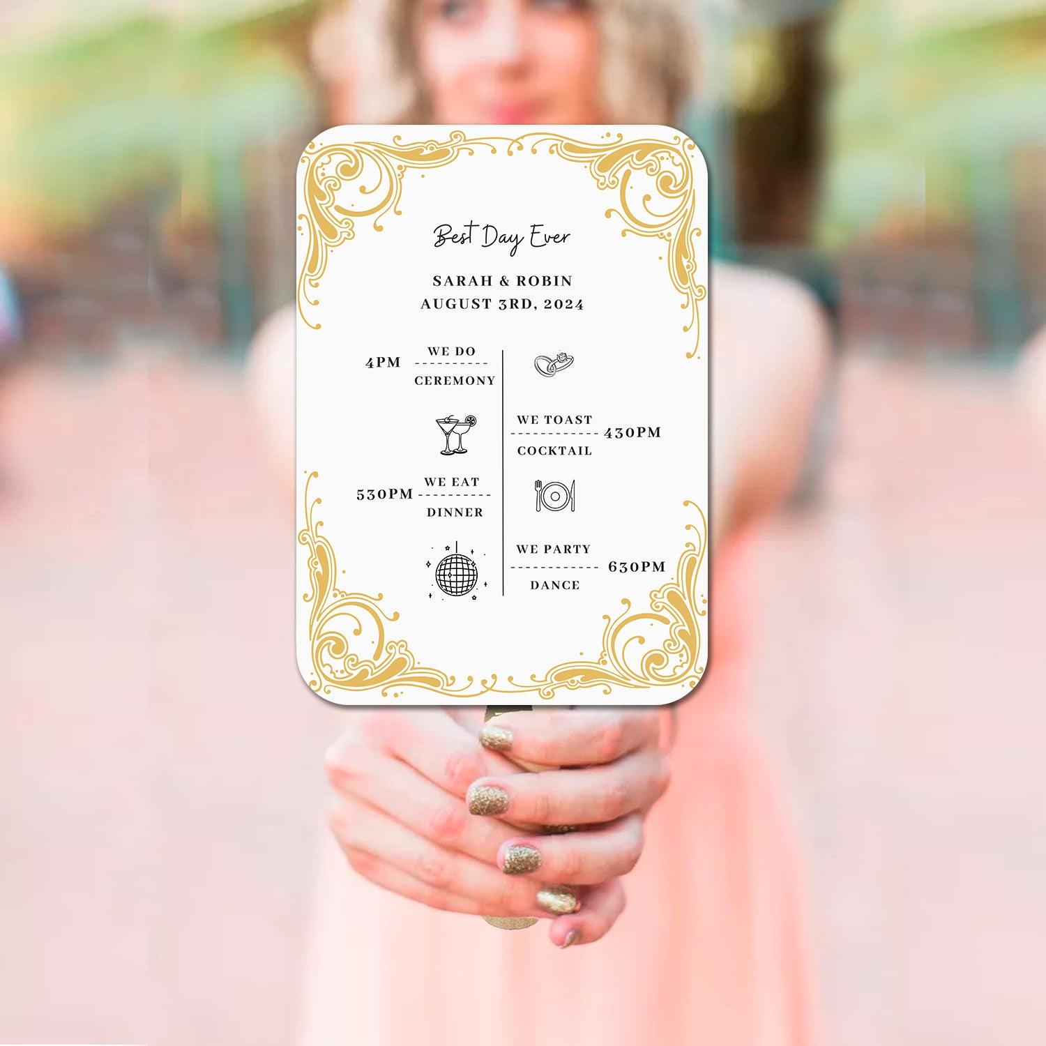 Luxury White Wedding Program Fans with Gold Patterns - Hibrides