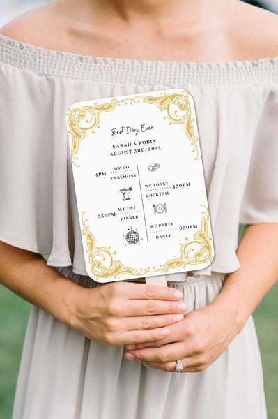 Luxury White Wedding Program Fans with Gold Patterns - Hibrides