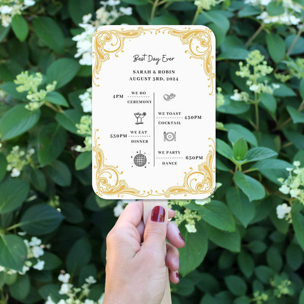 Luxury White Wedding Program Fans with Gold Patterns - Hibrides