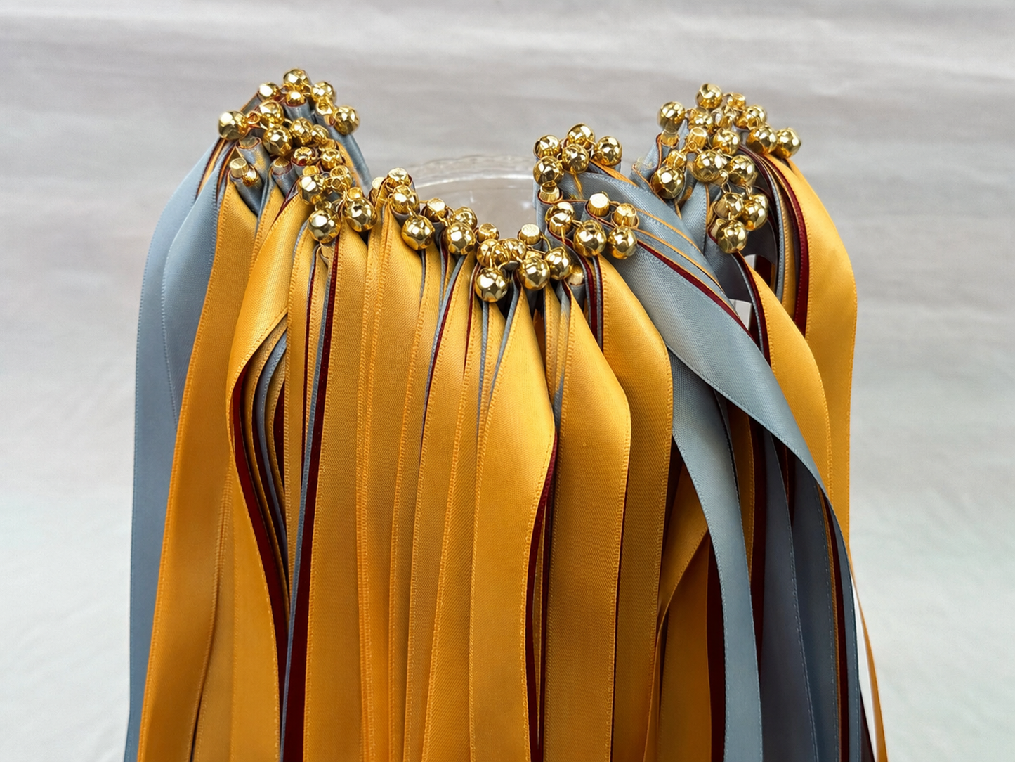 Handmade Gold and Dusty Blue Wedding Ribbon Wands with Gold Bells